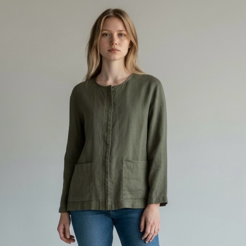 Chico’s 100% Linen Hidden Zip Up Green Jacket